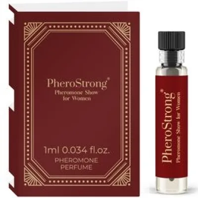 Red PheroStrong pheromone perfume for women, 1 ml bottle next to matching packaging.