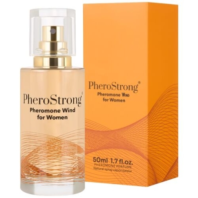 Parfümflasche und orange Schachtel von PheroStrong "Pheromone Wind for Women", 50 ml.