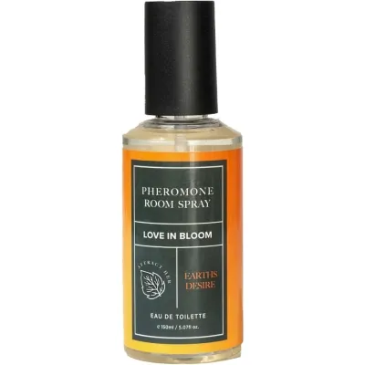 Bottle of pheromone room spray "Love in Bloom", 150 ml, black cap, orange label.