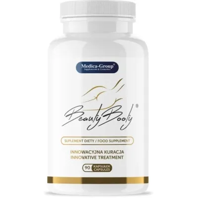 White bottle with "Beauty Booty" label, 90 capsules, food supplement from Medica-Group.