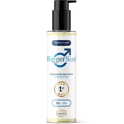 Flasche BiggerSize Gel mit Pumpe, blaues Logo, Text "Size Matters", Limited Edition.