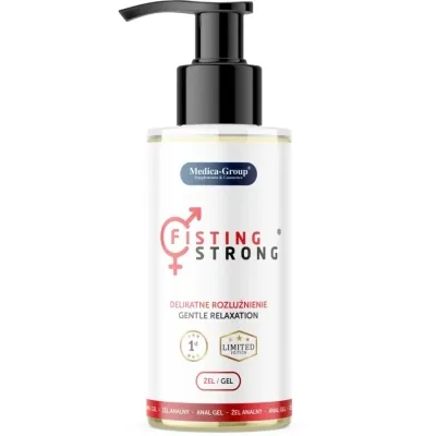 Bottle with pump, labelled "Fisting Strong", "Gentle Relaxation", "Limited Edition", by Medica-Group.