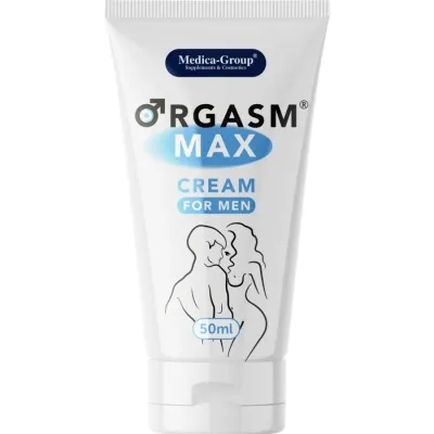 Tube containing "Orgasm Max Cream for Men", 50 ml, illustration of a couple, Medica-Group brand.