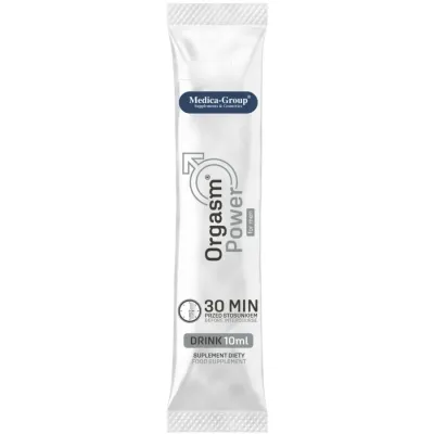 Weißes Sachet mit der Aufschrift "Orgasm Power for men", 10 ml, Nahrungsergänzungsmittel von Medica-Group.