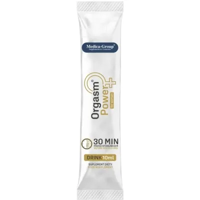 Weißes Sachet mit der Aufschrift "Orgasm Power+ for women", 10 ml Nahrungsergänzungsmittel, 30 Minuten vor Gebrauch.