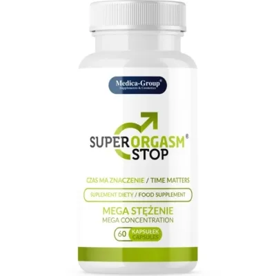 Weiße Flasche mit der Aufschrift "Super Orgasm Stop", Nahrungsergänzungsmittel, 60 Kapseln.