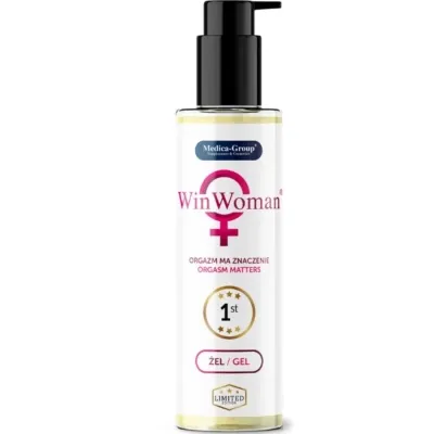 Flasche mit Spender, "WinWoman" Gel, weißes Etikett, rosa Symbol, Text "Orgasm Matters", Limited Edition.