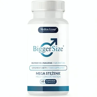 White bottle with the inscription "BiggerSize", food supplement, 60 capsules, blue and white design.