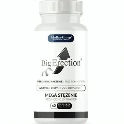 White bottle labeled "Big Erection", dietary supplement, 60 capsules, mega concentration.