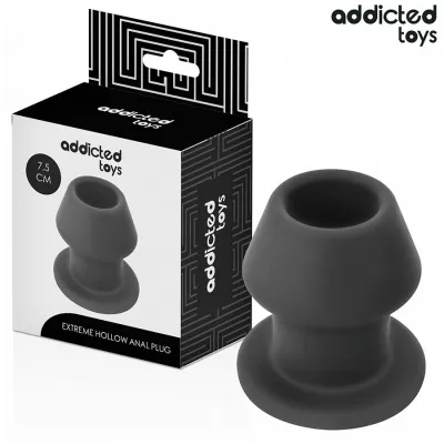 Schwarzer Analplug und Verpackung von Addicted Toys, 7,5 cm, mit der Aufschrift "Extreme Hollow Anal Plug".