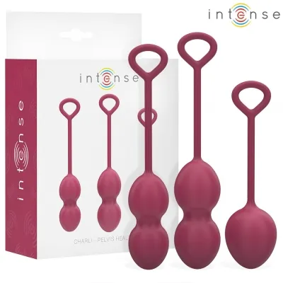 Drei rote Beckenbodentrainer mit Verpackung, Marke "intense", für Beckenbodentraining.