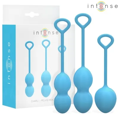 Three blue cones for pelvic floor training, with packaging in the background, brand "intense".