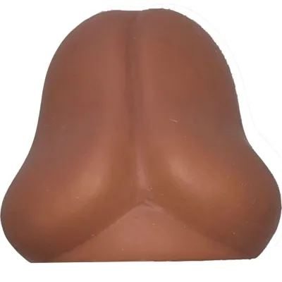 Brown, plastic replica of a human nose on a white background.