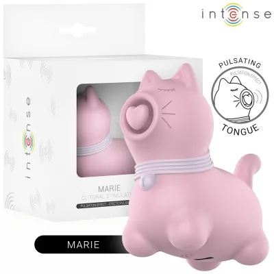 Pink, cat-shaped clitoral stimulator with pulsating tongue, packaged in a white box.