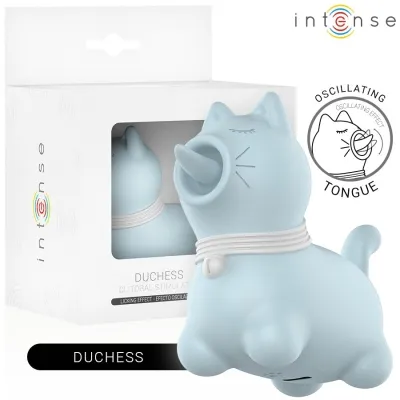 Blue, cat-shaped stimulator with oscillating tongue, next to packaging with product image and logo.