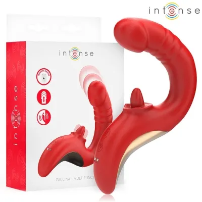 Roter Vibrator mit Verpackung, Markenname "intense", multifunktional, gebogene Form, magnetisches Ladegerät.
