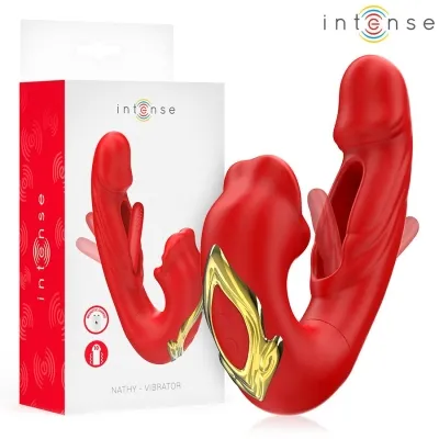 Red vibrator with gold accents, next to the packaging labeled "intense" and "Nathy - Vibrator".