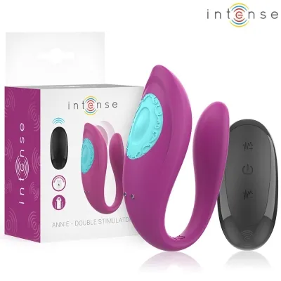 Purple dual stimulator with remote control and packaging, brand "intense".