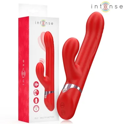 Roter Vibrator mit Verpackung, Markenname "intense", zwei Motoren, ergonomisches Design, Bedienelemente an der Basis.