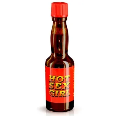 Brown bottle with a red label and the inscription "Hot Sex Girl", red cap.