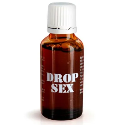 Braune Flasche mit weißem Verschluss, Aufschrift "DROP SEX".