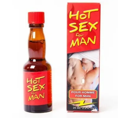 Braune Flasche und rote Verpackung mit der Aufschrift "Hot Sex for Man", 20 ml.