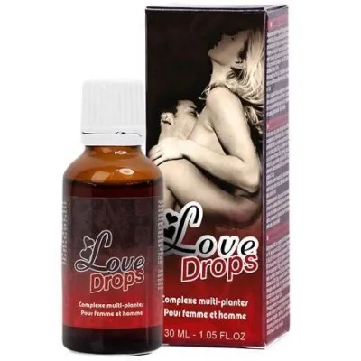 Bottle and packaging of "Love Drops", a plant-based product for men and women, with a sensual image on the packaging.
