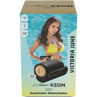 Verpackung eines automatischen Masturbators mit Bild einer Frau im Bikini und Produktabbildung.