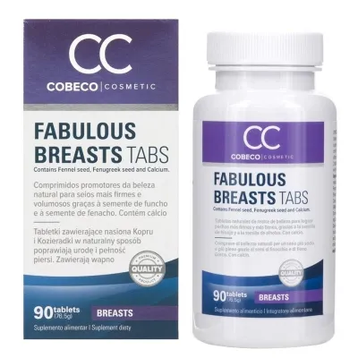 Bottle and packaging of "Fabulous Breasts Tabs" by Cobeco Cosmetic, 90 tablets.