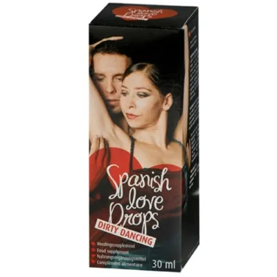 Packaging of "Spanish Love Drops Dirty Dancing", 30 ml, with dancing couple on the label.