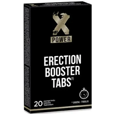 Black packaging labeled "Erection Booster Tabs", contains 20 tablets with ginseng and tribulus.