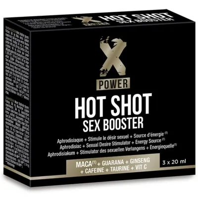 Schwarze Verpackung von "X Power Hot Shot Sex Booster" mit Inhaltsstoffen wie Maca, Guarana, Ginseng, Koffein, Taurin, Vitamin C.