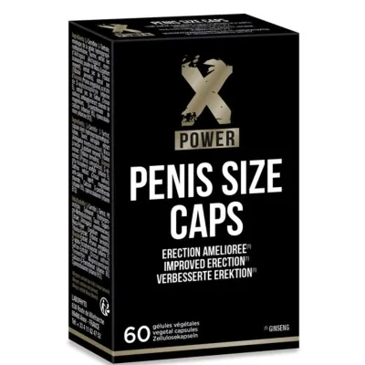 Black packaging of "X Power Penis Size Caps" containing 60 capsules to improve erections.