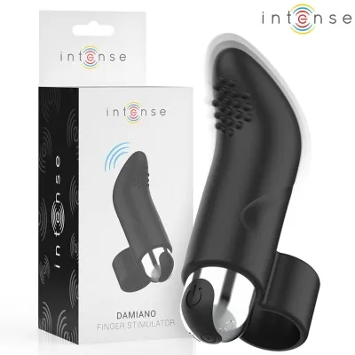 Black finger stimulator with packaging, brand name "intense", product name "Damiano".