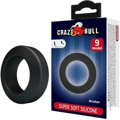 Black silicone ring next to packaging with red bull logo, inscription "Super Soft Silicone", model 9.