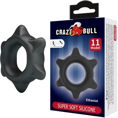 Black silicone ring with spikes, packaging with "Crazy Bull" logo and "Super Soft Silicone" inscription.