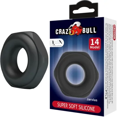Schwarzer Silikonring neben einer Verpackung mit der Aufschrift "Crazy Bull" und "Super Soft Silicone".