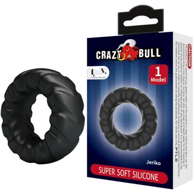 Black silicone ring next to a package labeled "Crazy Bull" and "Super Soft Silicone".