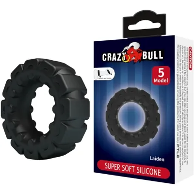 Black silicone ring next to a package labeled "Crazy Bull, Super Soft Silicone, Model 5".