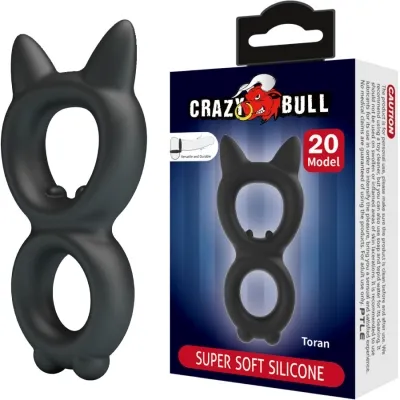 Black silicone ring in the shape of a cat next to packaging labeled "Crazy Bull" and "Super Soft Silicone".