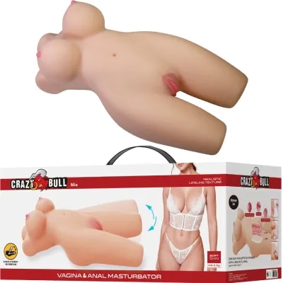 Product image of a masturbator with packaging, brand "Crazy Bull", realistic texture, soft skin.