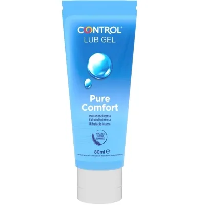 Blue gel tube design with the inscription "Control Lub Gel Pure Comfort", 80 ml, for intensive hydration.