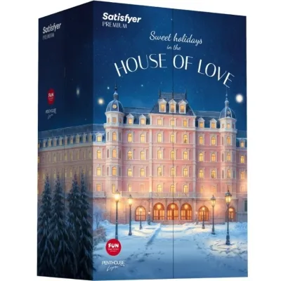 Illustration eines beleuchteten Gebäudes im Schnee, mit dem Text "Sweet holidays in the House of Love".