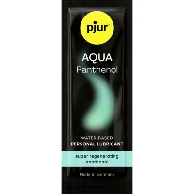Schwarze Verpackung von pjur AQUA Panthenol, wasserbasiertes Gleitmittel, mit grünem Akzent, hergestellt in Deutschland.