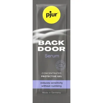 Grey packaging of pjur Back Door Serum, a protective gel that reduces sensitivity. Made in Germany.