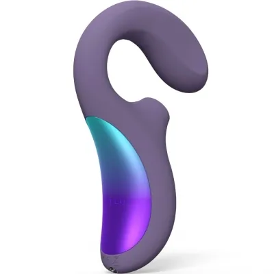 Purple vibrator with a curved design and metallic shimmering accent.