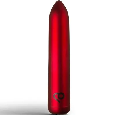 Red, cylindrical object with a rounded tip and a small logo at the bottom.