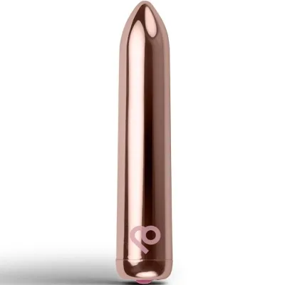 Kupferfarbener, zylindrischer Vibrator mit abgerundeter Spitze und kleinem Logo am unteren Ende.