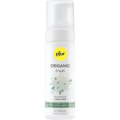 Bottle of pjur Organic Fresh Care Foam, 150 ml, vegan, 99% natural ingredients, made in Germany.