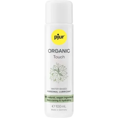 White bottle containing pjur Organic Touch lubricant, 100 ml, vegan, skin-friendly, water-based, made in Germany.